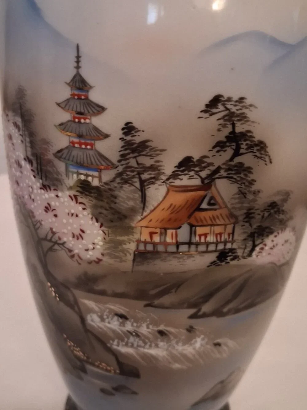 Vintage Hand-Painted Japanese Vase Pagoda & Cherry Blossom & Mountains Gold Trim